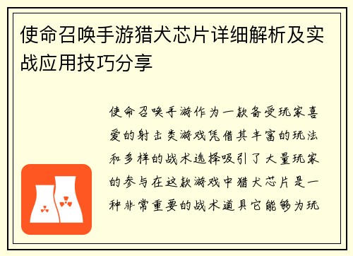 使命召唤手游猎犬芯片详细解析及实战应用技巧分享
